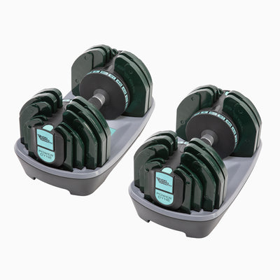 PowerDyne Adjustable Dumbbell Weight - Lift Up To 110lbs with At-Home Strength Training Equipment in aspen green color scheme 