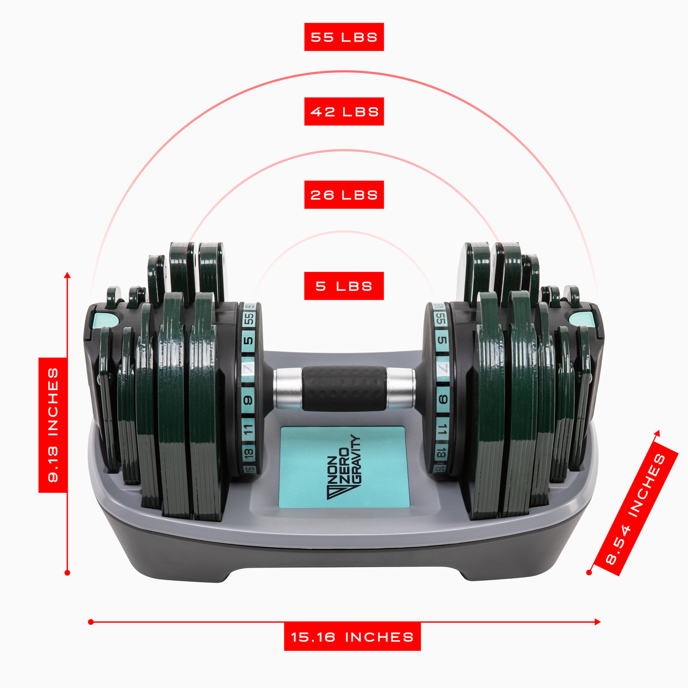 PowerDyne Adjustable Dumbbell Weight - Lift Up To 55lbs with At-Home Strength Training Equipment in aspen green color scheme 