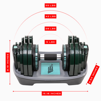 PowerDyne Adjustable Dumbbell Weight - Lift Up To 110lbs with At-Home Strength Training Equipment in aspen green color scheme 