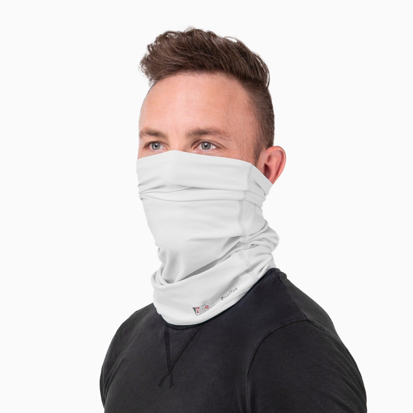a white spandex athletic neck gaiter to mask and protect your face