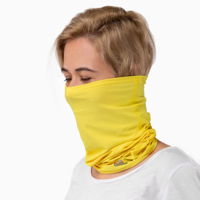 a yellow spandex neck gaiter to mask and protect your face