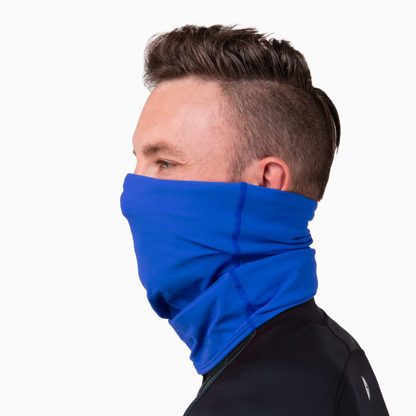a royal blue spandex neck gaiter to mask and protect your face