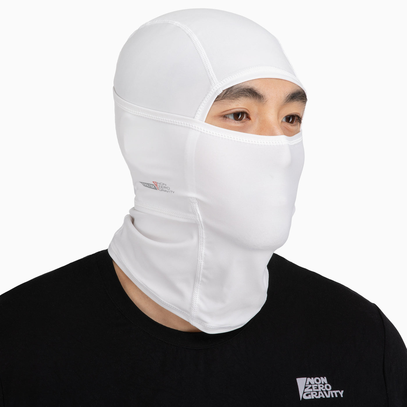 a white spandex athletic balaclava to mask and protect your face