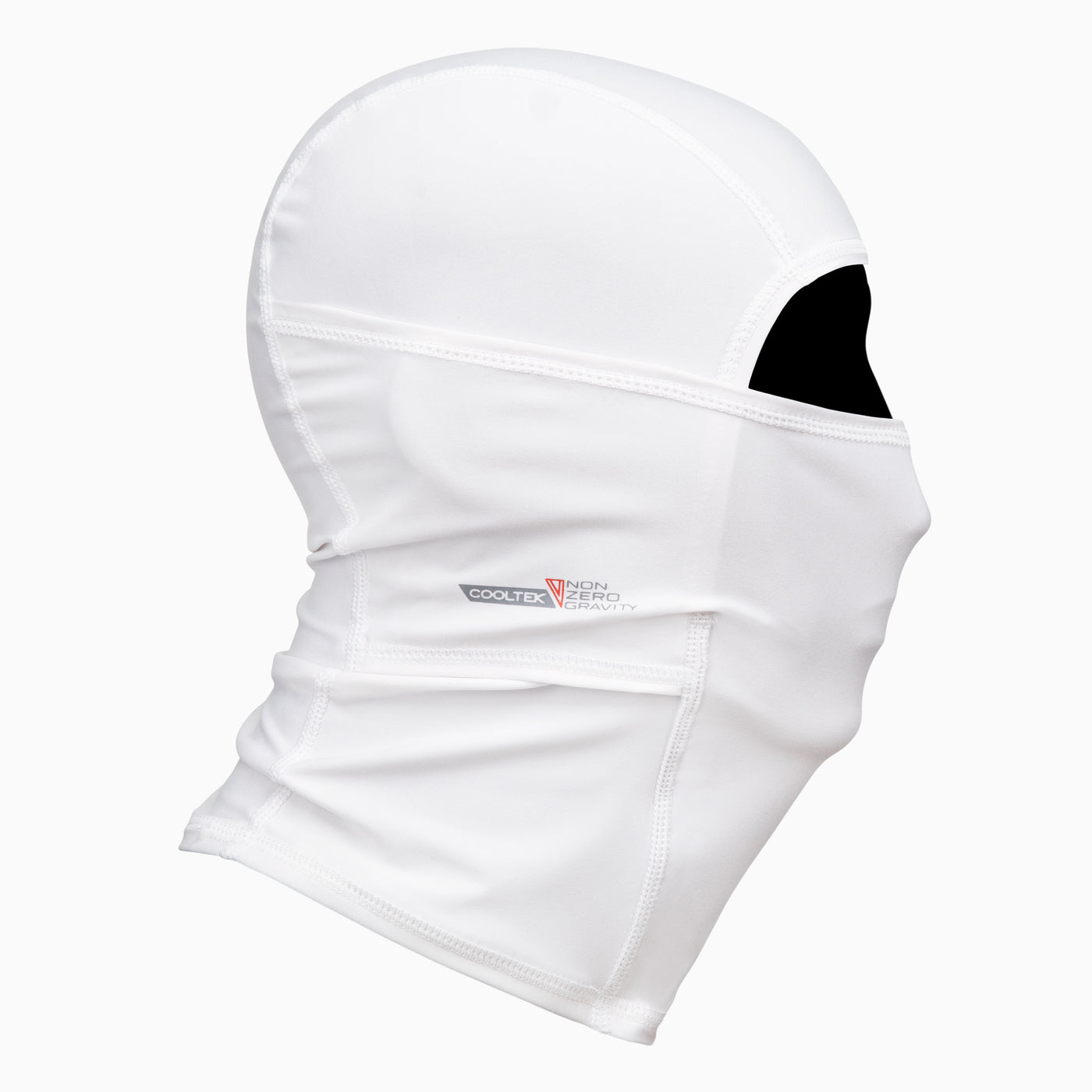 a white spandex athletic balaclava to mask and protect your face