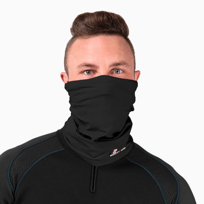 a black spandex neck gaiter to mask and protect your face