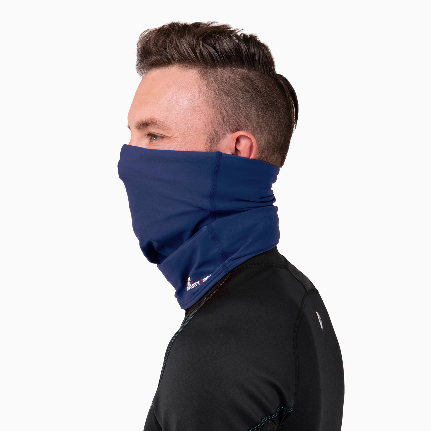 a dark blue spandex neck gaiter to mask and protect your face