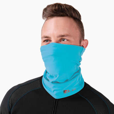 a blue spandex neck gaiter to mask and protect your face