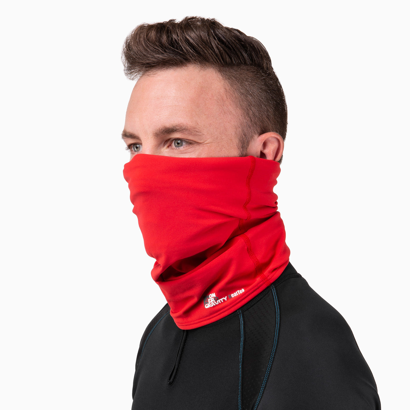 a red spandex neck gaiter to mask and protect your face