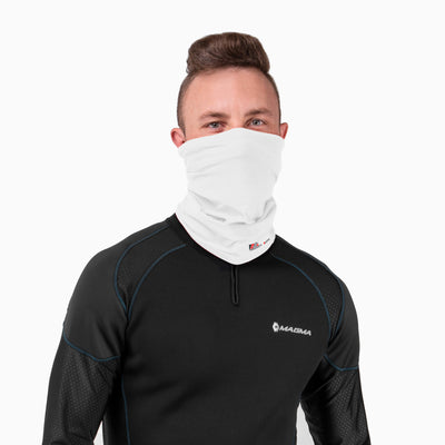 a white spandex neck gaiter to mask and protect your face