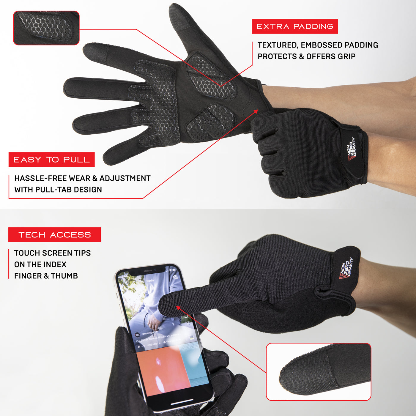 NonZero Gravity Tech-Touch Antimicrobial Germ-Proof Odor-Proof Weightlifting Padded Full Finger Workout Gloves
